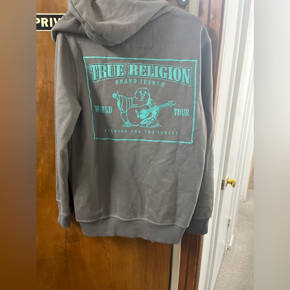 True Religion Zip Up Hoodie Size M Gray Buddha Print Sweatshirt